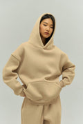 Kadın Rahat Oversize 3 İ̇plik Pamuklu Şardonlu Kanguru Cep Kapşonlu Sweatshirt - Vizon - 1