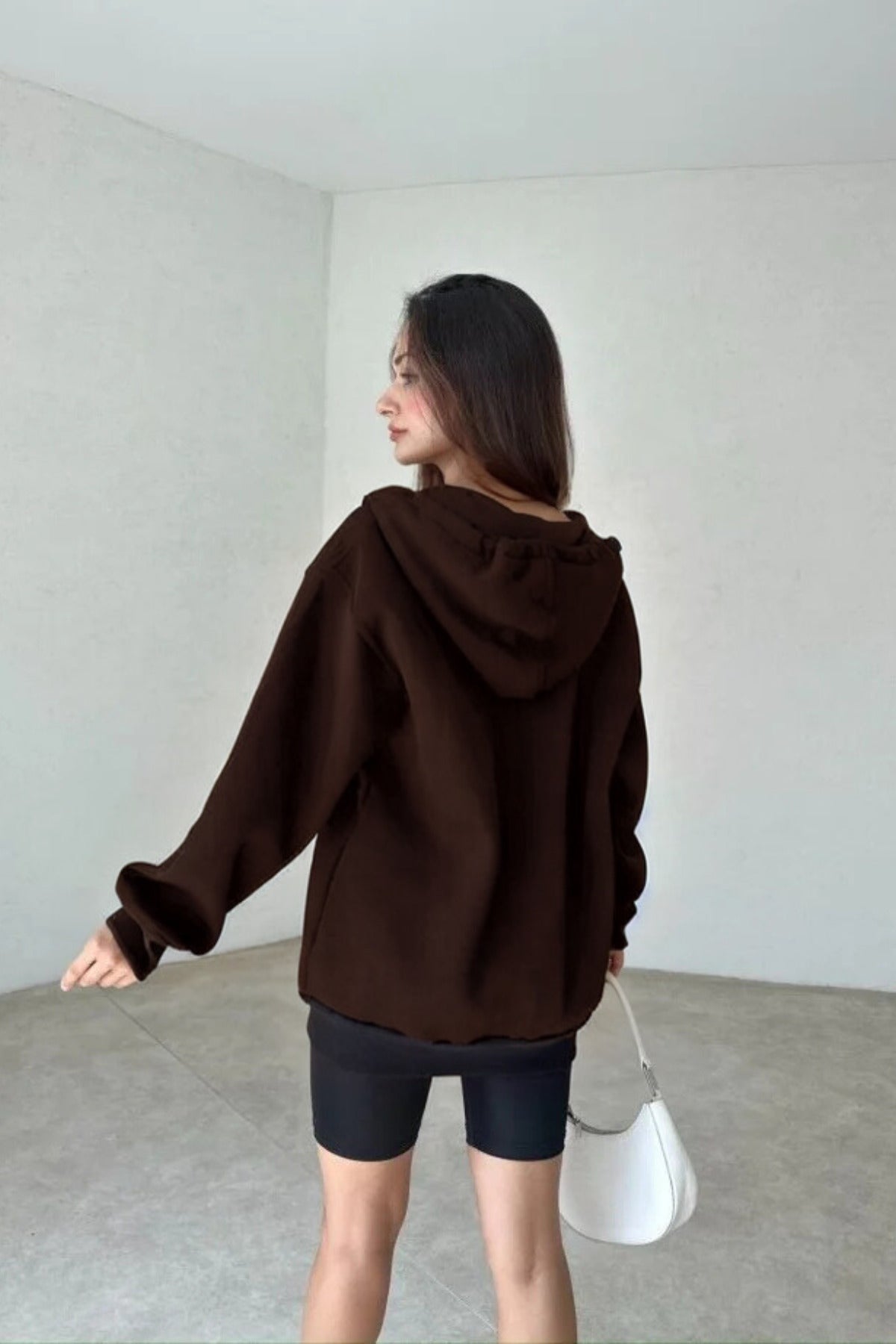 Kadın 3 İ̇plik Oversize Kapüşonlu Fermuarlı Hırka Sweatshirt - Kahverengi - 3