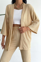 Kadın Camel Bürümcük Kimono Alt Üst Takım - Bej - 1