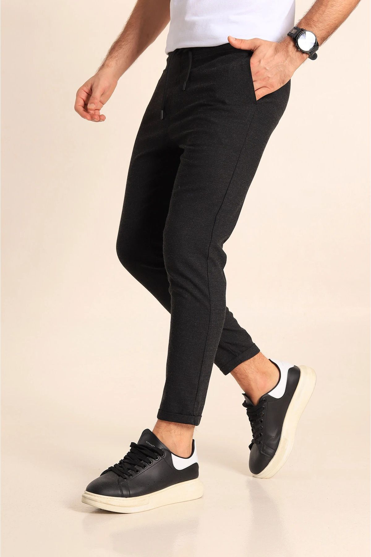 Erkek Füme Esnek Jogger Kumaş Pantolon Beli Bağcıklı Duble Paça Yandan Cepli Likralı - Füme - 3