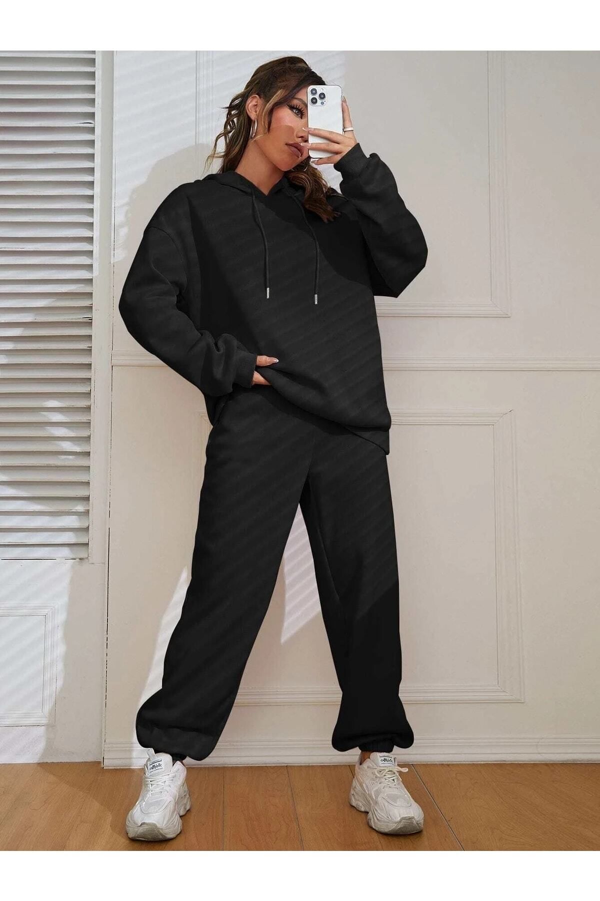 Kadin Oversi̇ze Jogger Eşfoman Takimi - BLACK - 1