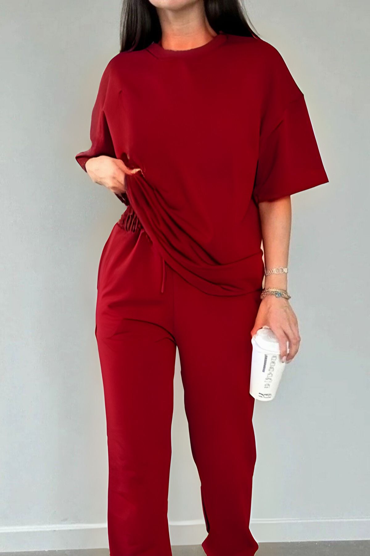 Kadın Kirmizi Rahat Penye Pijama Takımı - Kırmızı - 1