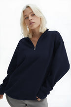 Kadın Yarım Fermuar Dik Yaka Uzun Kollu 3 İ̇plik Sweatshirt - Lacivert - 2