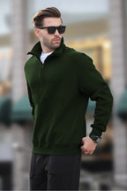 Erkek Yarım Fermuarlı Dik Yaka Oversize 3 İ̇plik Şardonlu Sweatshirt - Koyu Yeşil - 2