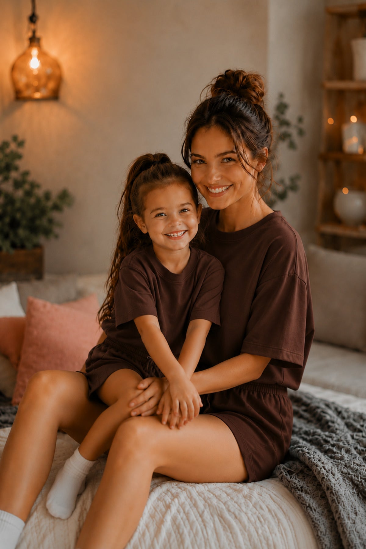 Anne Çocuk Kisa Kollu Oversize Esnek Rahat Beli̇ Bağcikli Modern Kesi̇m Trend Yazlik Günlük Alt Üst Takim - Kahverengi - 2