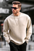 Erkek Bi̇si̇klet Yaka Oversi̇ze Sweatshi̇rt 3 İ̇pli̇k Kalin - Bej - 1