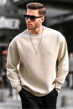 Erkek Bi̇si̇klet Yaka Oversi̇ze Sweatshi̇rt 3 İ̇pli̇k Kalin - Bej - 1