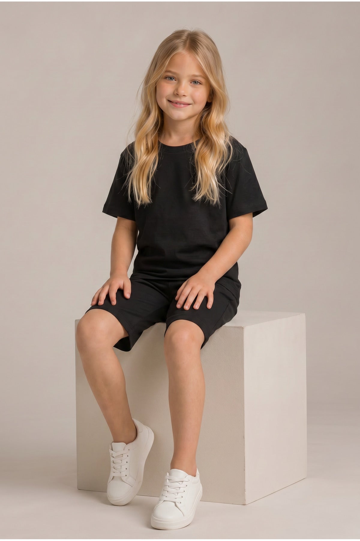 Çocuk Kısa Kollu Baskısız Basic Oversıze Geniş Kalıp Beli Bağlamalı Esnek 1-10 Yaş Arası Yaz Sezonu Sportif T-shirt / Şort Takım - Siyah - 2