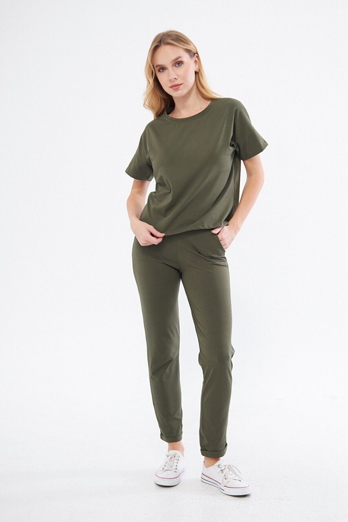 Kadın Basic Yazlık Kısa Kollu Pijama Takımı Oversize - Haki - 1