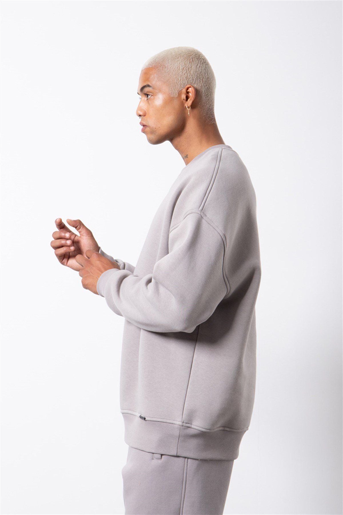 Erkek Bisiklet Yaka Oversize Sweatshirt - Gri - 2