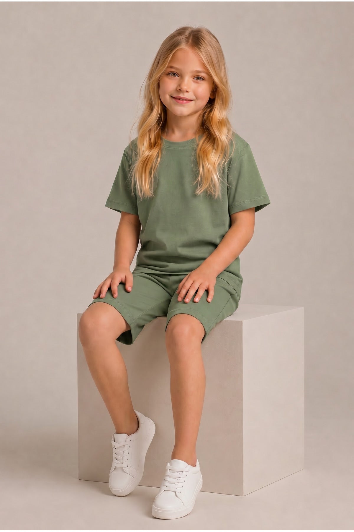 Çocuk Kısa Kollu Baskısız Basic Oversıze Geniş Kalıp Beli Bağlamalı Esnek 1-10 Yaş Arası Yaz Sezonu Sportif T-shirt / Şort Takım - Yeşil - 2