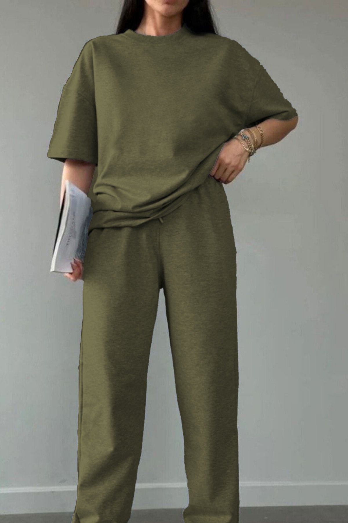 Kadın Kısa Kollu Penye Pijama Takımı Oversize Bisiklet Yaka - Yeşil 1 - 2
