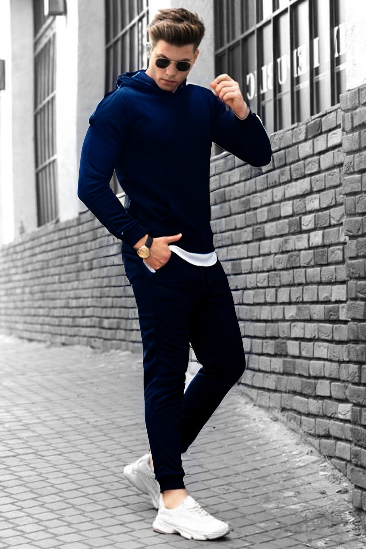 Erkek Bol Kalıp Kalın Rahat Pamuklu Eşofman Takımı Elegance Quality - Lacivert - 2