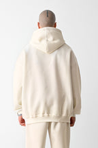 Erkek Bol Kesim Oversize 3 İplik İçi Pamuklu Şardonlu Kanguru Cep Kapşonlu Kışlık Hoodie Sweatshirt - Bej - 3