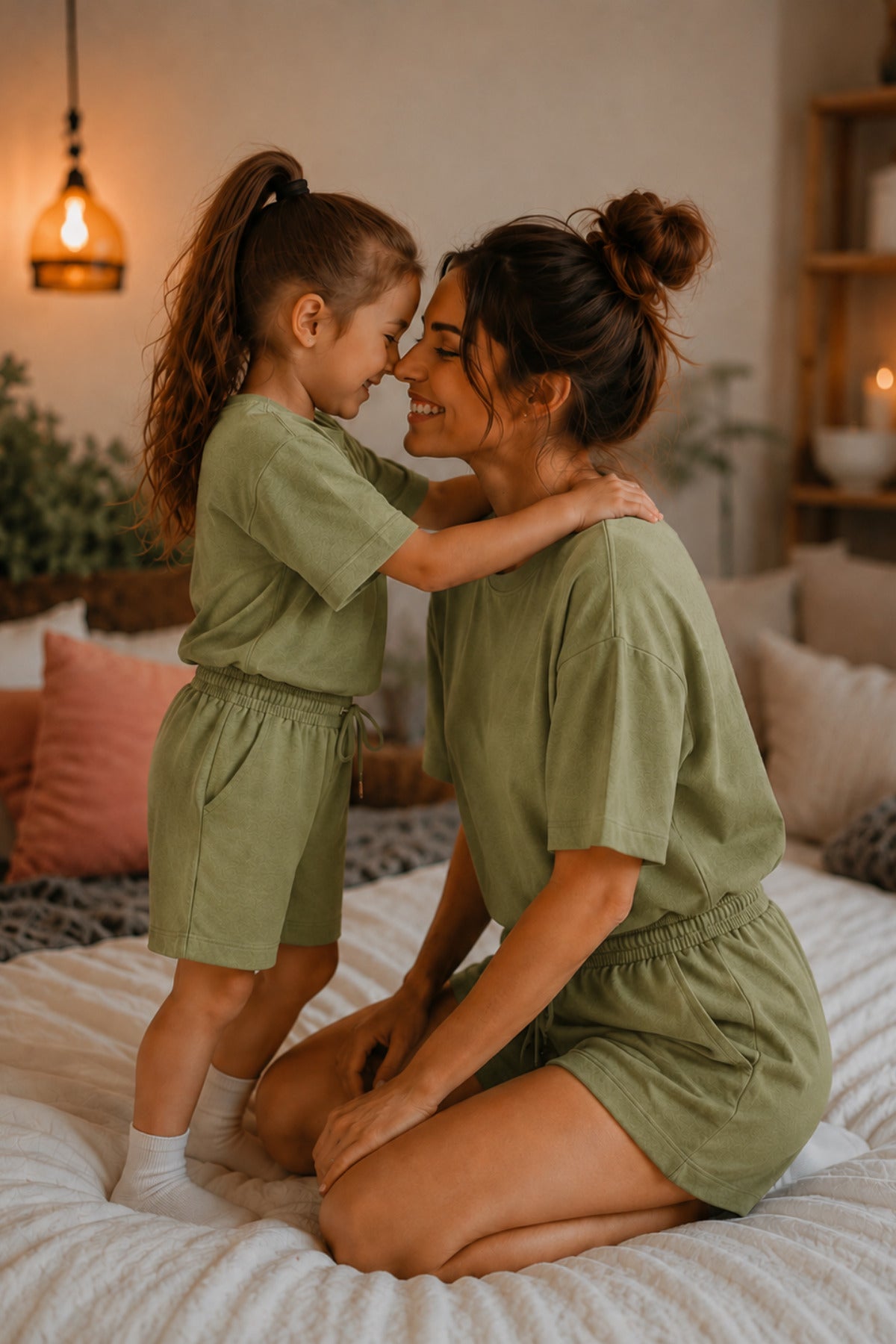 Anne Çocuk Kisa Kollu Oversize Esnek Rahat Beli̇ Bağcikli Modern Kesi̇m Trend Yazlik Günlük Alt Üst Takim - Yeşil - 3
