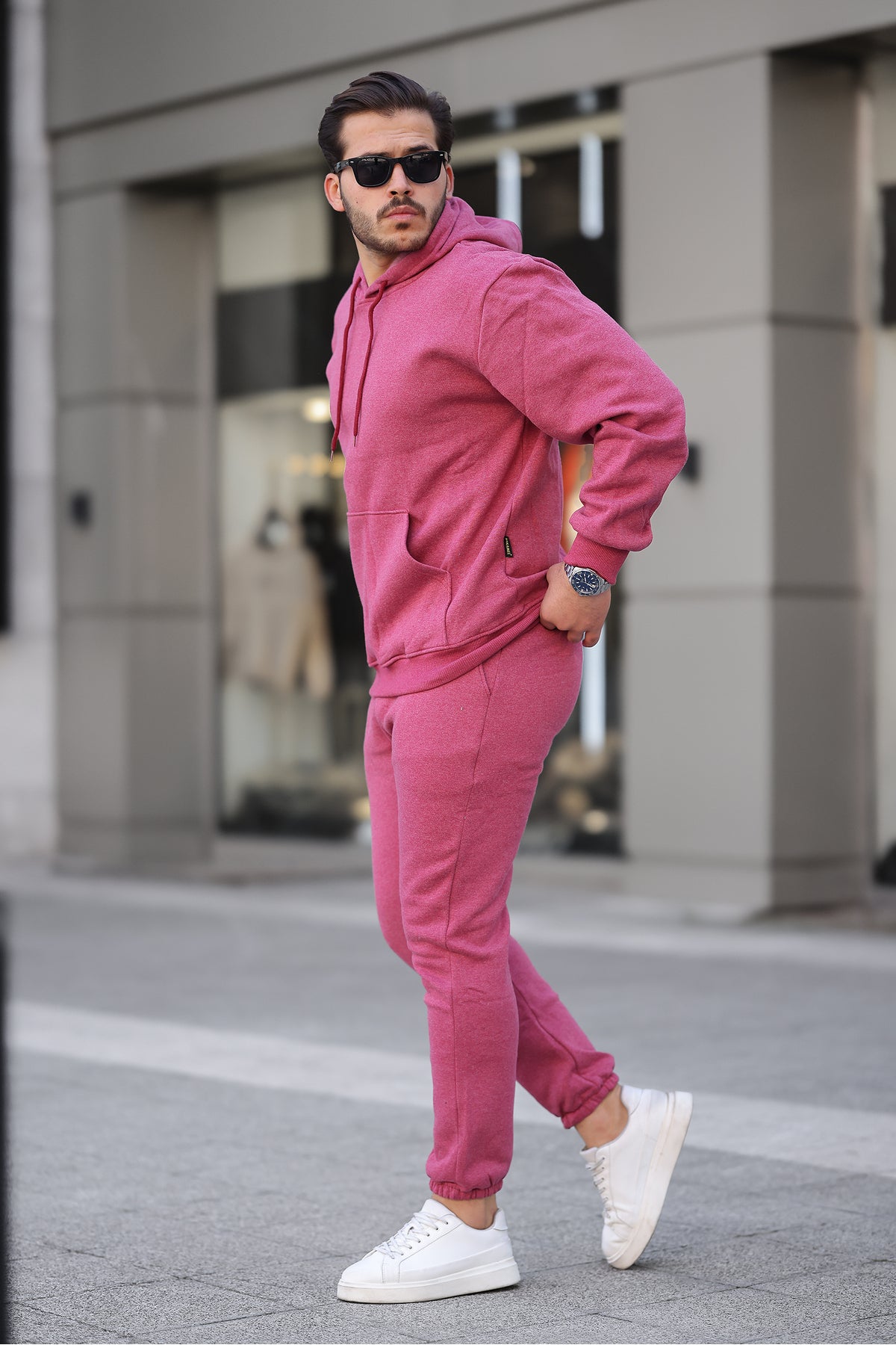 Erkek Bol Oversize 3 İ̇plik İ̇çi Pamuklu Kanguru Cep Kapşonlu Lastikli Paça Jogger Kış Eşofman Takımı - Mürdüm Melanj - 2