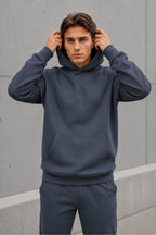 Erkek Oversize Kapüşonlu Sweatshirt Basic Hoodie Cepli - Füme - 1