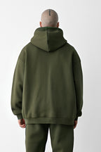 Erkek Bol Kesim Oversize 3 İplik İçi Pamuklu Şardonlu Kanguru Cep Kapşonlu Kışlık Hoodie Sweatshirt - Haki - 3
