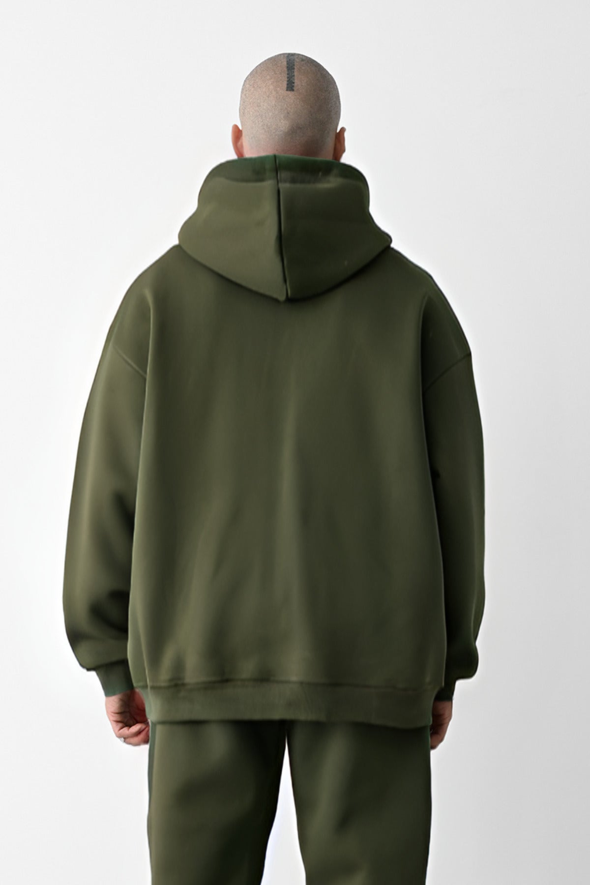 Erkek Bol Kesim Oversize 3 İplik İçi Pamuklu Şardonlu Kanguru Cep Kapşonlu Kışlık Hoodie Sweatshirt - Haki - 3
