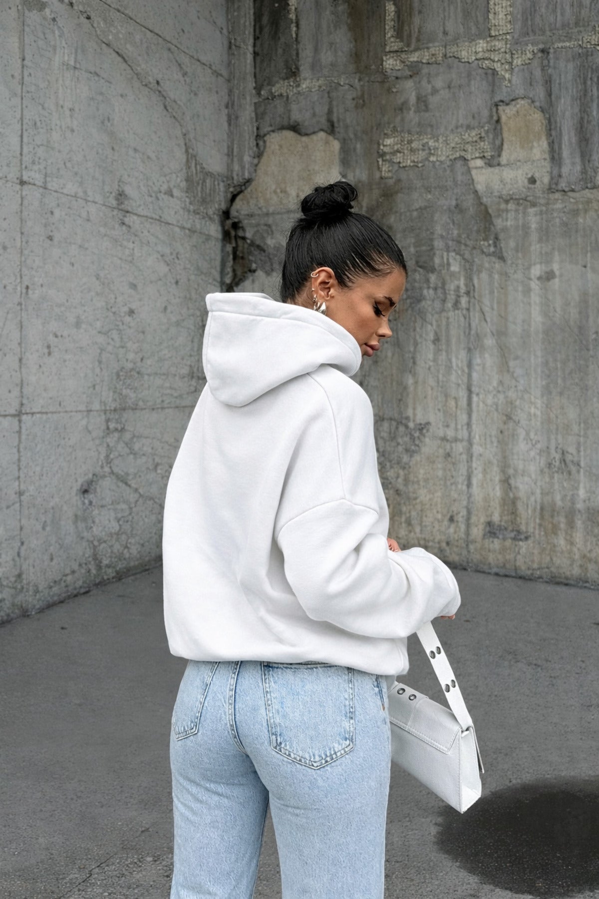 Kadin Beyaz 3 İ̇pli̇k Oversi̇ze Rahat Günlük Yumuşak Kapüşonlu Sweatshirt - Beyaz - 4