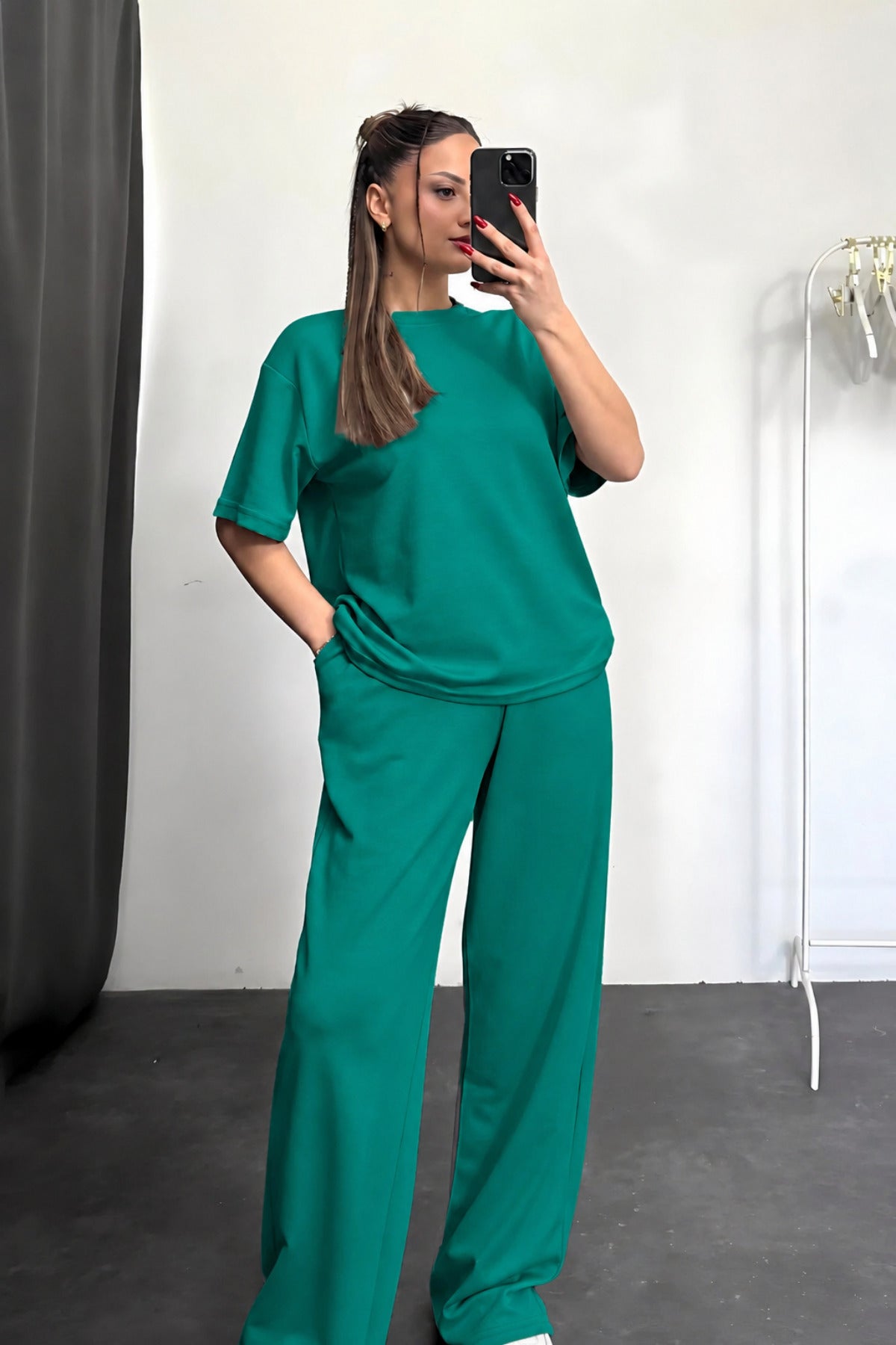Kadın Kısa Kollu Oversize Süper Yüksek Bel Esnek Bisiklet Yaka Eşofman Takımı - Koyu Yeşil - 1