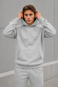 Erkek Oversize Kapüşonlu Sweatshirt Basic Hoodie Cepli - Gri Melanj - 1