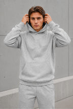 Erkek Oversize Kapüşonlu Sweatshirt Basic Hoodie Cepli - Gri Melanj - 1