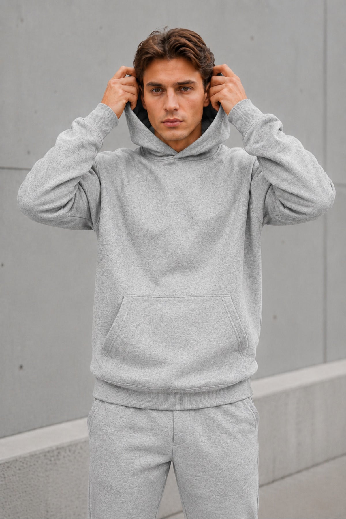 Erkek Oversize Kapüşonlu Sweatshirt Basic Hoodie Cepli - Gri Melanj - 1