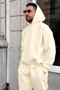 Erkek Düz Spor Ve Günlük Kapşonlu Hoodie Sweatshirt - Bej - 1