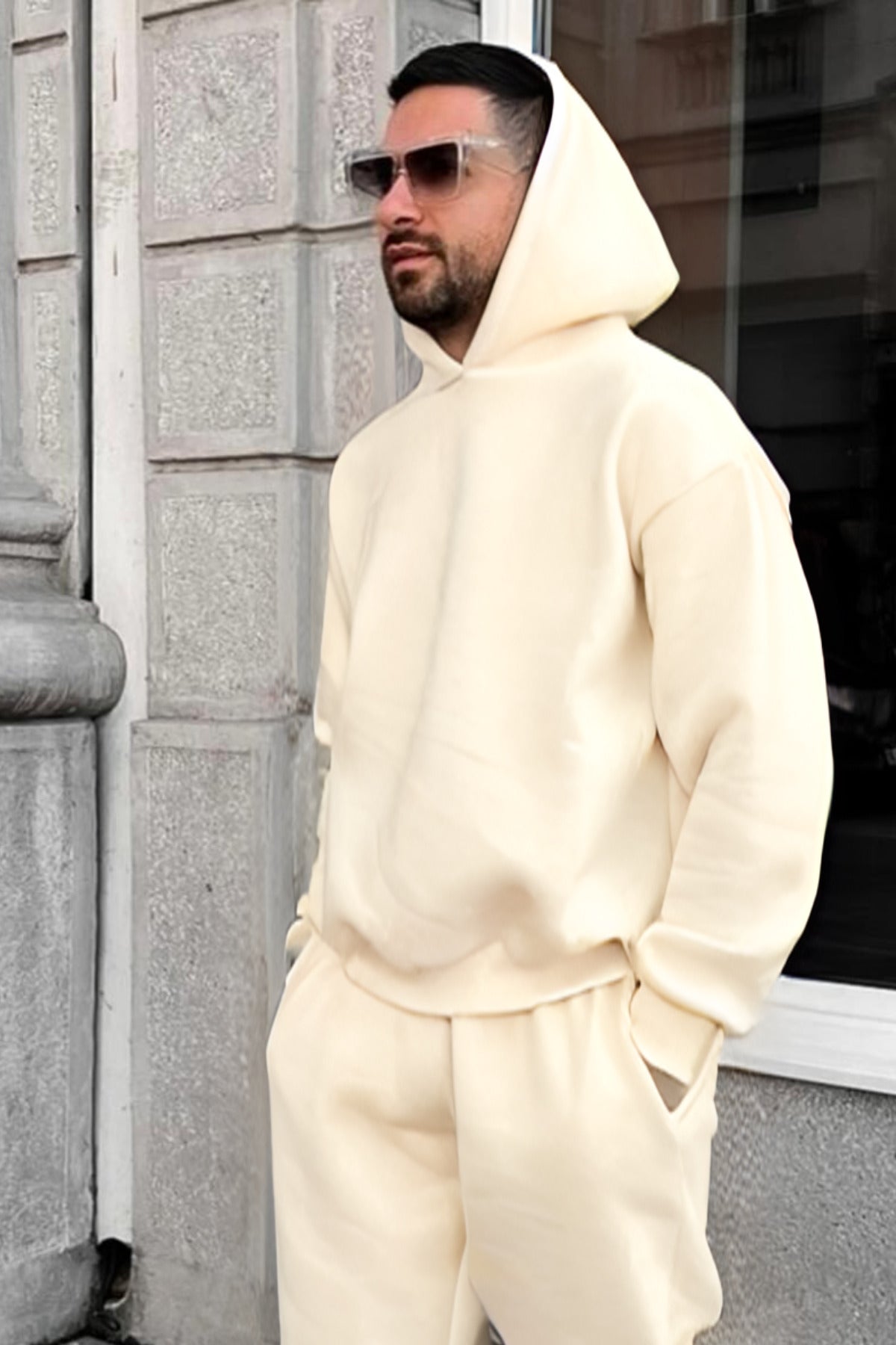 Erkek Düz Spor Ve Günlük Kapşonlu Hoodie Sweatshirt - Bej - 1