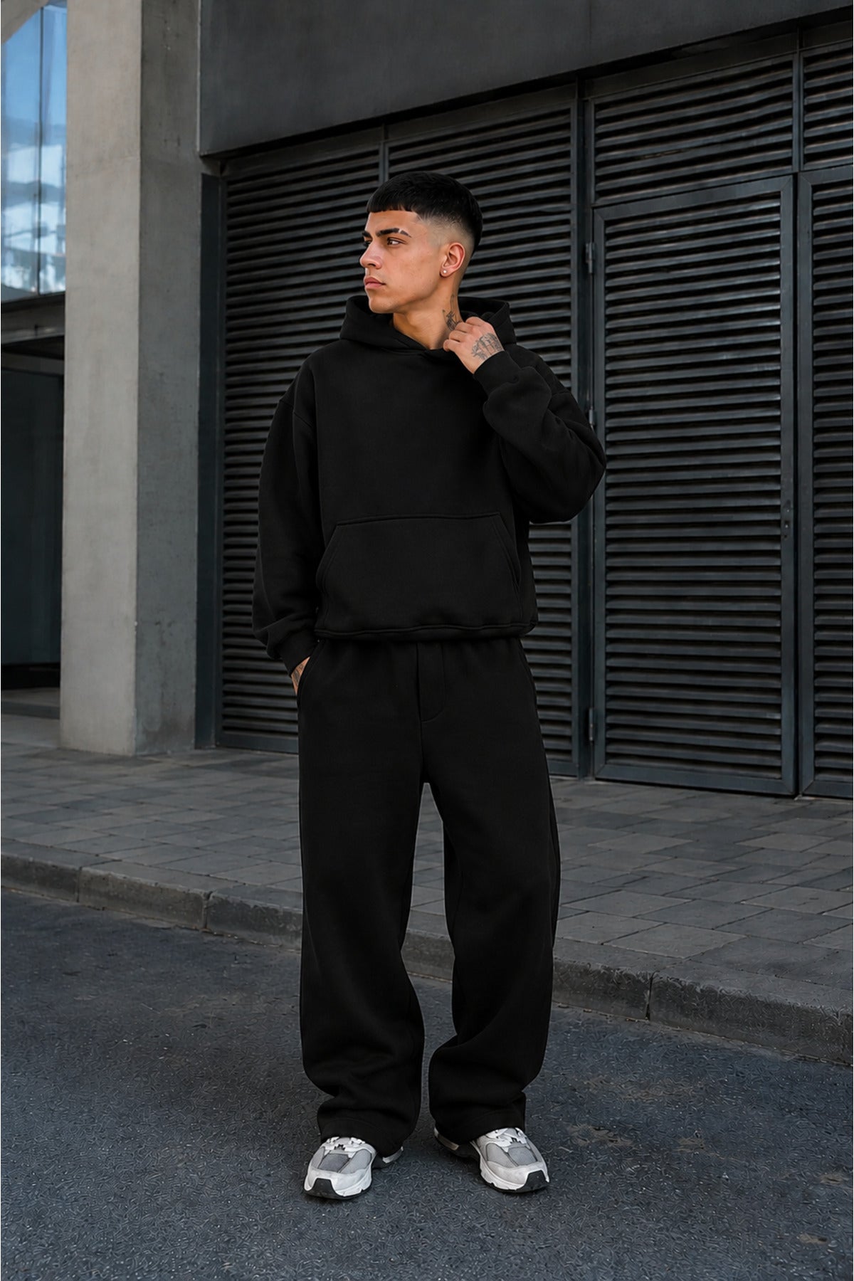 Erkek Premium Oversize Hoodie Eşofman Takımı Unisex Mevsimlik Rahat Eşofman Takımı - Siyah - 1