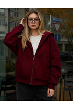 Kadin Oversi̇ze Kapüşonlu Fermuarli Hirka Sweatshirt - Bordo - 4