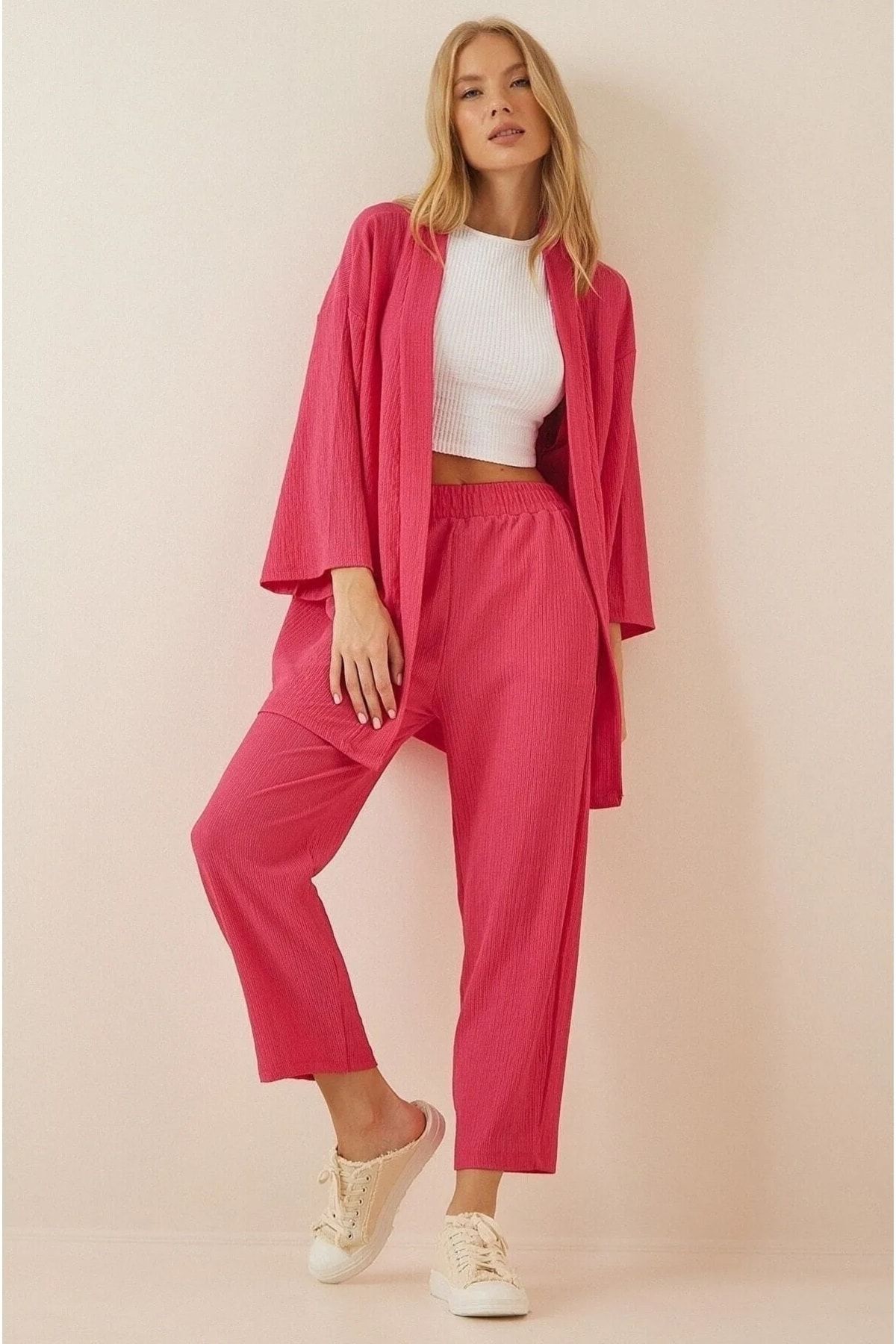 Kadın Pembe Bürümcük Kimono Alt Üst Takım - Pembe - 1