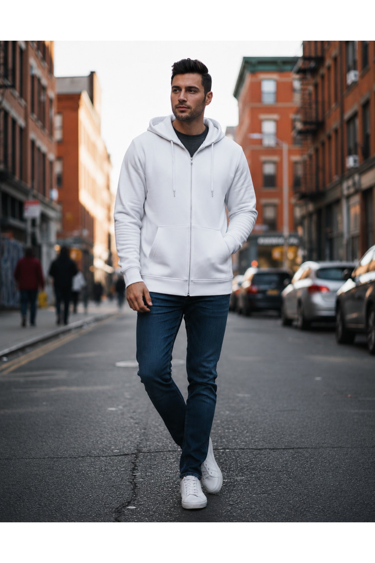 Erkek 3 İ̇pli̇k Şardonlu Oversi̇ze Fermuarli Sweatshirt Hirka - Beyaz - 2