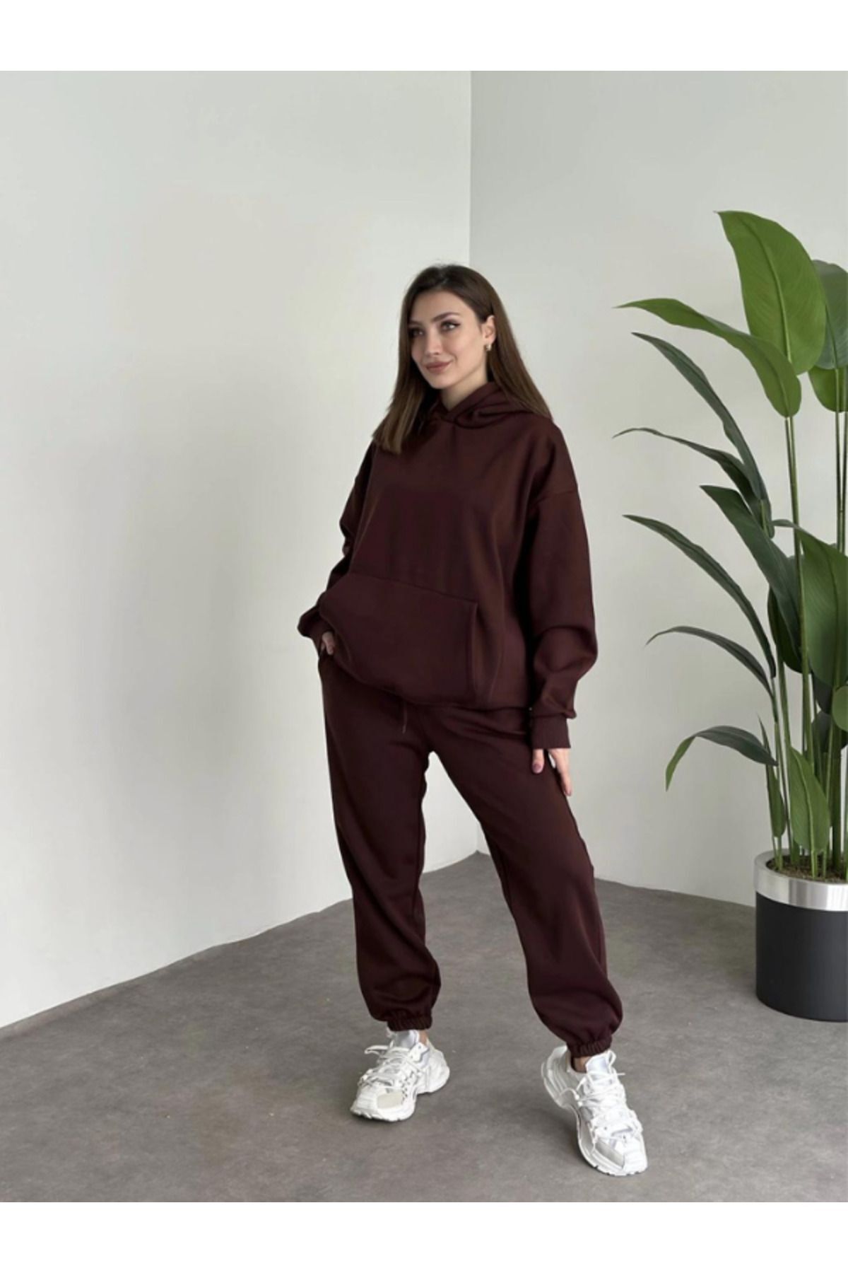 Kadın Kahverengi Brooklyn Oversize Kapşonlu Alt Üst Eşofman Takımı - Kahverengi - 2