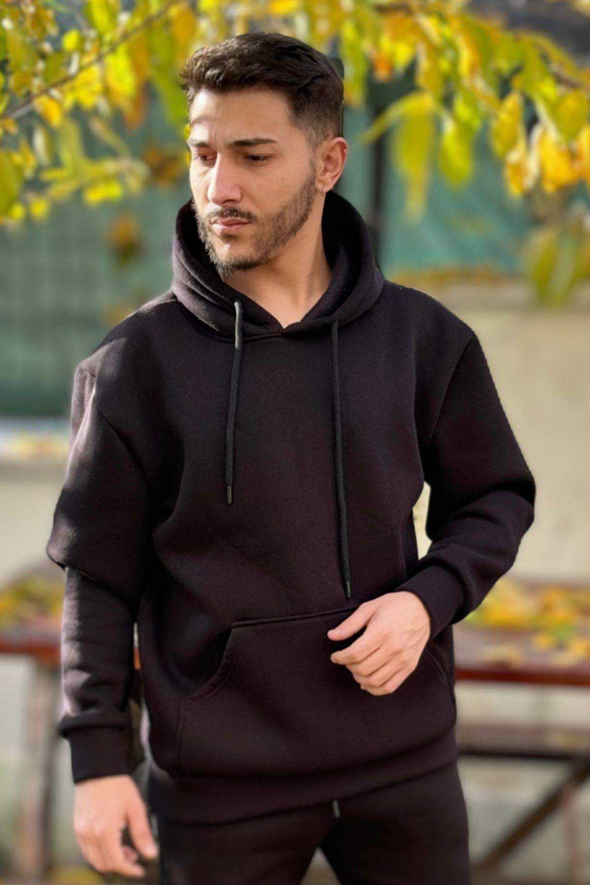 Erkek Kapşonlu Kanguru Cepli̇ 3 İ̇pli̇k Oversi̇ze Sweatshi̇rt - Siyah - 2