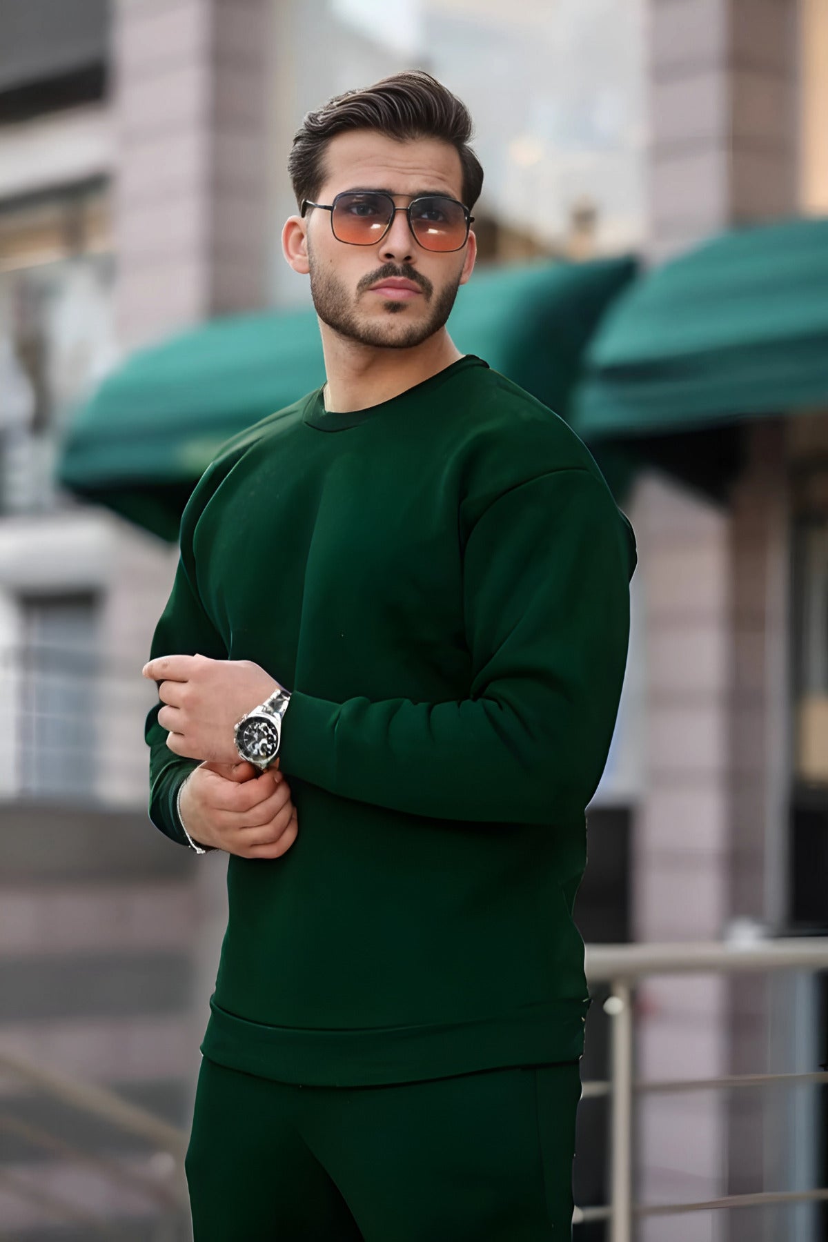 Kalın Bisiklet Yaka Paçası Lastikli Eşofman Takımı - Yeşil - 2