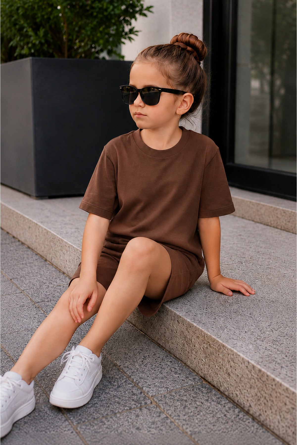 Çocuk Unisex Kisa Kollu Oversize Günlük Kullanima Uygun Li̇krali Beli̇ Bağlamali Rahat Kesi̇m Basic Yazlik Şortlu İ̇ki̇li̇ Takim - Kahverengi - 3