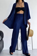 Kadın Bol Paça Palazzo Kimono Alt Üst Takım - Lacivert - 1