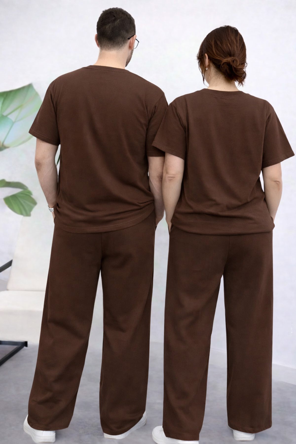 Çift Özel Erkek Kadın Kısa Kollu Eşofman Takımı (tekli) Beli İ̇plik Bol Paça - Kahverengi - 3