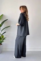 Kadın Füme Salaş Dökümlü Bürümcük Palazzo Yazlık Kimono Takım - Füme - 2