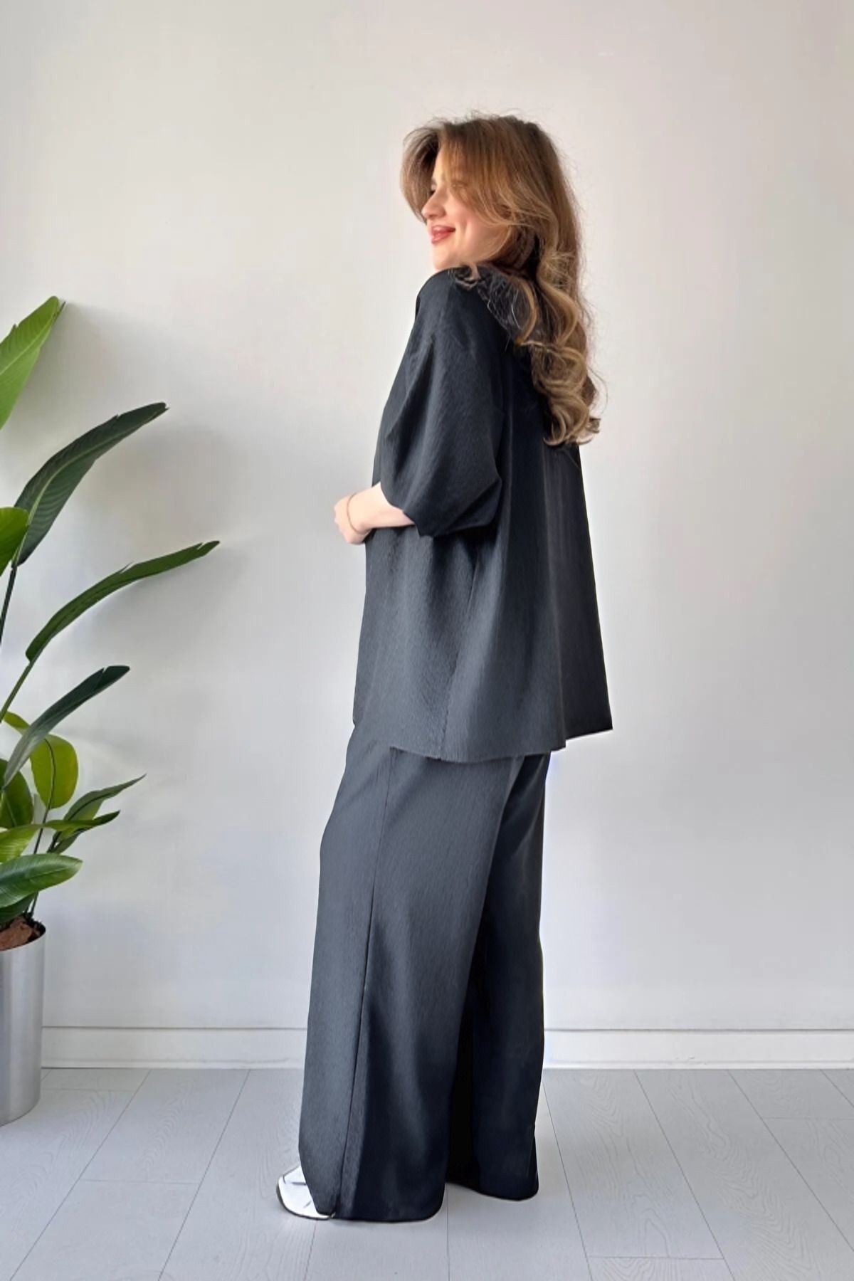 Kadın Füme Salaş Dökümlü Bürümcük Palazzo Yazlık Kimono Takım - Füme - 2