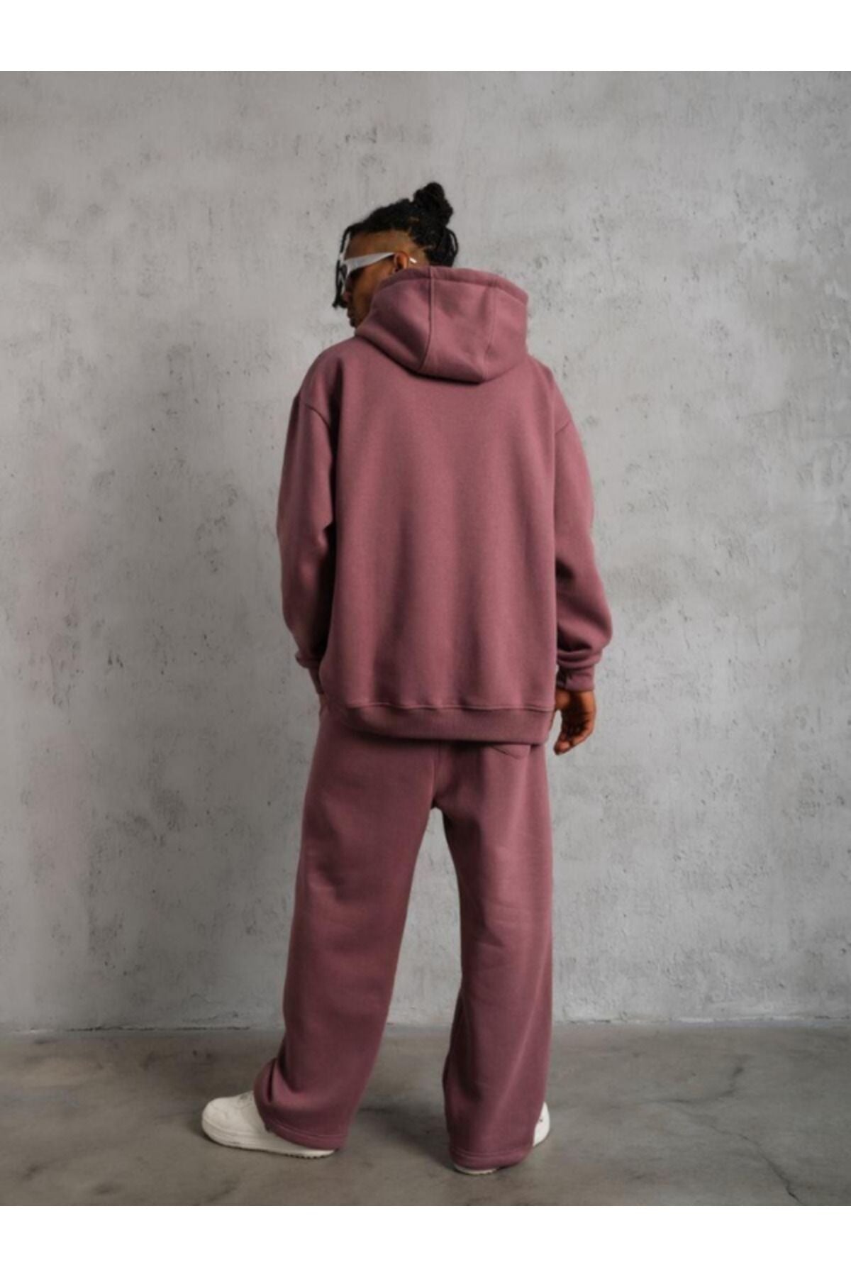 Erkek Gül Kurusu 3 İ̇plik Kapşonlu Kanguru Cep Hoodie Eşofman Takımı - GÜL KURU - 4