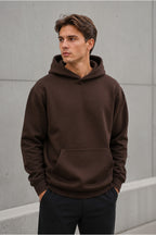 Erkek Oversize Kapüşonlu Sweatshirt Basic Hoodie Cepli - Kahverengi - 2