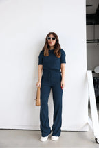 Kadın Kısa Kollu Yazlık Alt Üst Fitilli Takım - Navy Blue - 1