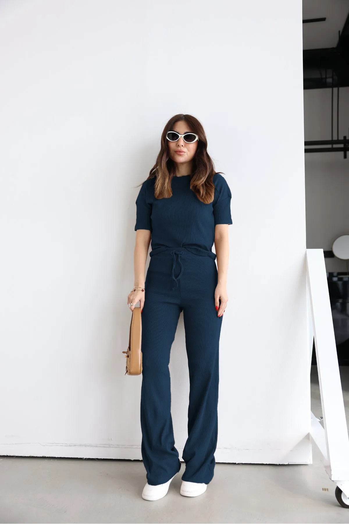Kadın Kısa Kollu Yazlık Alt Üst Fitilli Takım - Navy Blue - 1