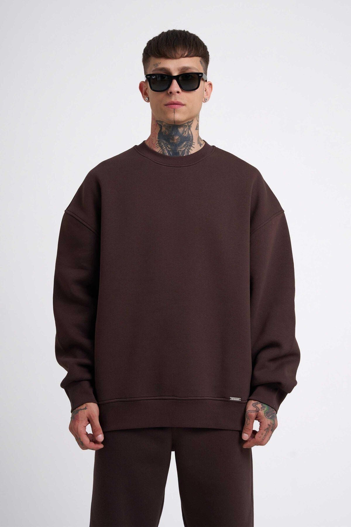 Erkek 3 İ̇plik Kalın Bisiklet Yaka Sweatshirt - KAHVE - 1