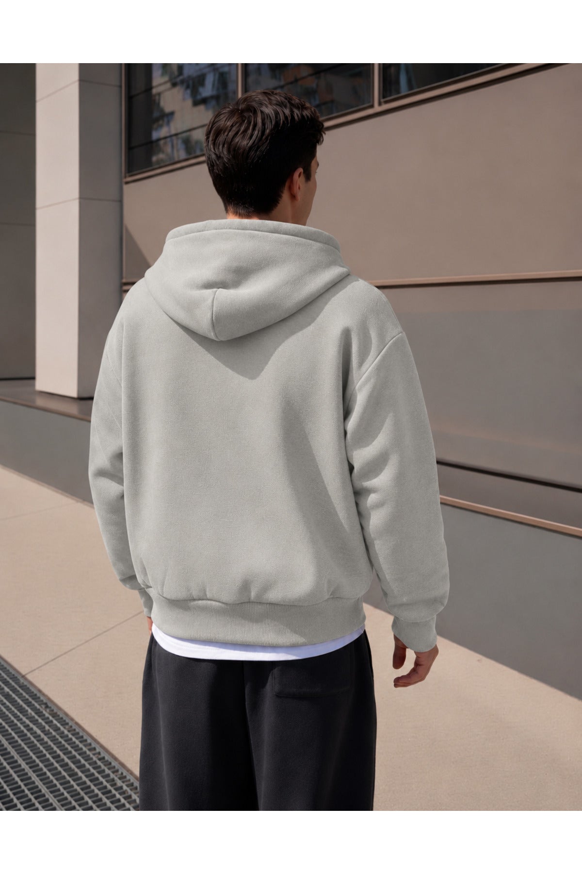 Erkek 3 İ̇pli̇k Fermuarli Kapüşonlu Oversi̇ze Rahat Sweatshirt Hirka - Gri - 3