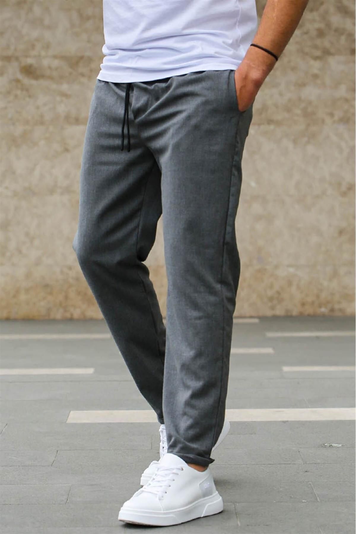 Erkek Beli Lastikli Likralı Duble Tarz Jogger Kumaş Pantolon - Gri - 1