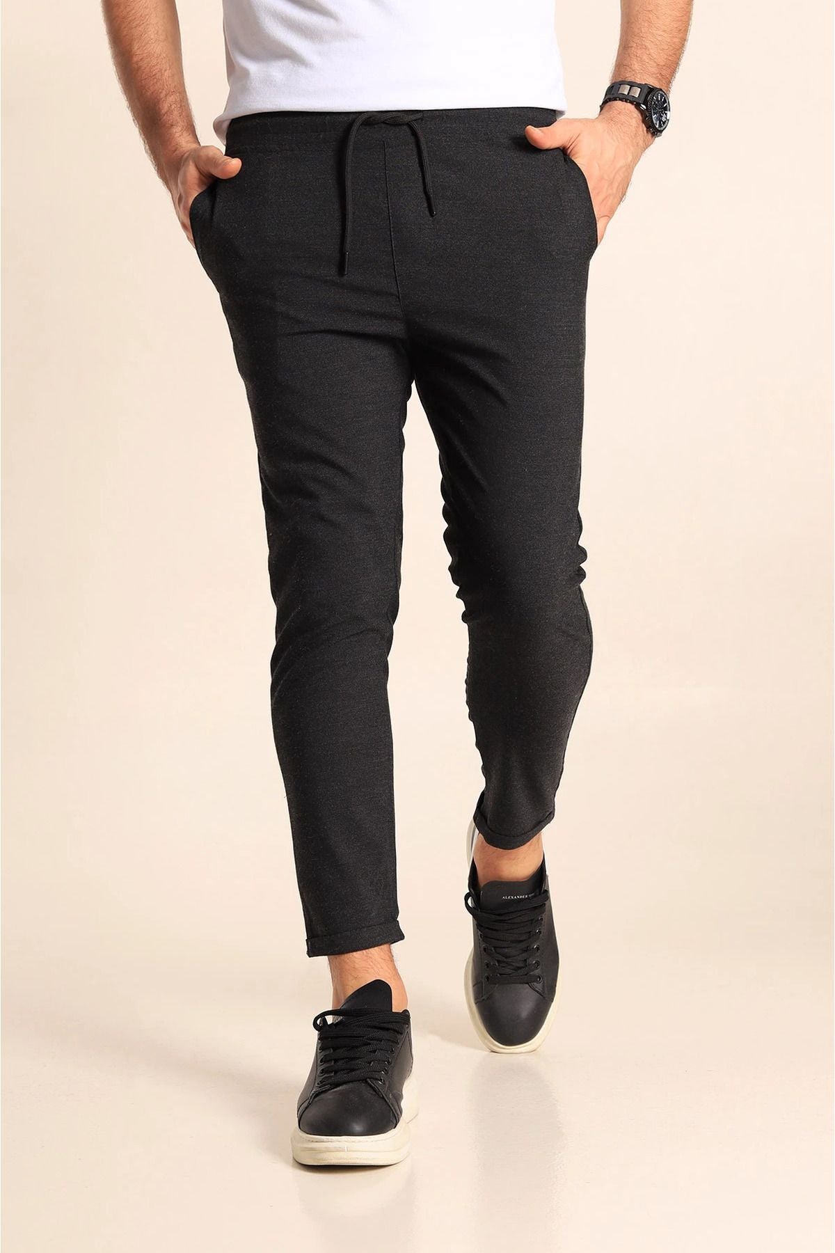 Erkek Füme Esnek Jogger Kumaş Pantolon Beli Bağcıklı Duble Paça Yandan Cepli Likralı - Füme/Smoked - 2